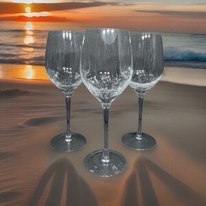 Pier 1 Set of 3 Clear Crackled Glass Wine Glasses Straight Rim 9" Stemware